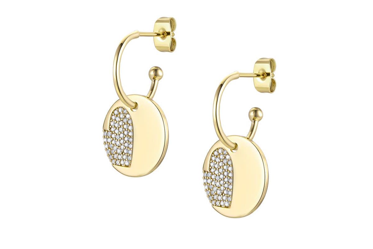 Lab Created 14K Gold Plated with Clear Cubic Zirconia Heart in Round Charm Dangle C-Hoop Earrings