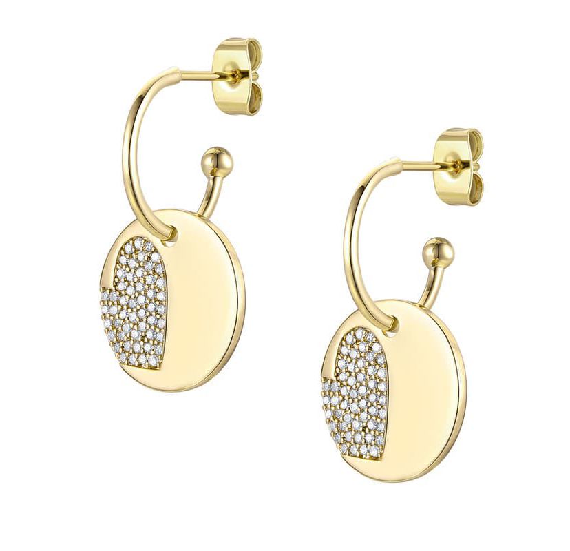 Lab Created 14K Gold Plated with Clear Cubic Zirconia Heart in Round Charm Dangle C-Hoop Earrings