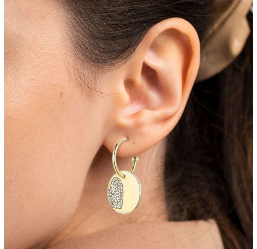 Lab Created 14K Gold Plated with Clear Cubic Zirconia Heart in Round Charm Dangle C-Hoop Earrings