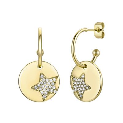 Rozzato Lab Created 14K Gold Plated with Clear Cubic Zirconia Star Medallion in Round Charm C-Hoop Earrings