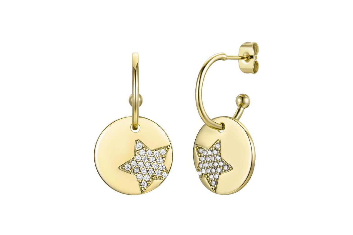 Lab Created 14K Gold Plated with Clear Cubic Zirconia Star Medallion in Round Charm C-Hoop Earrings