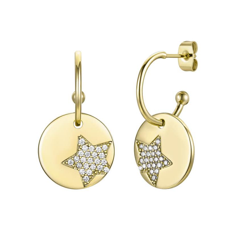 Lab Created 14K Gold Plated with Clear Cubic Zirconia Star Medallion in Round Charm C-Hoop Earrings