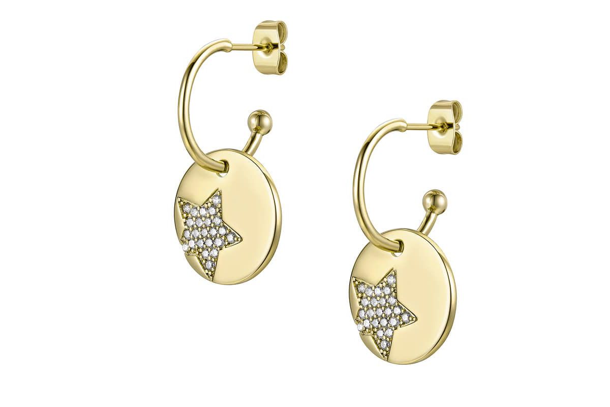 Lab Created 14K Gold Plated with Clear Cubic Zirconia Star Medallion in Round Charm C-Hoop Earrings