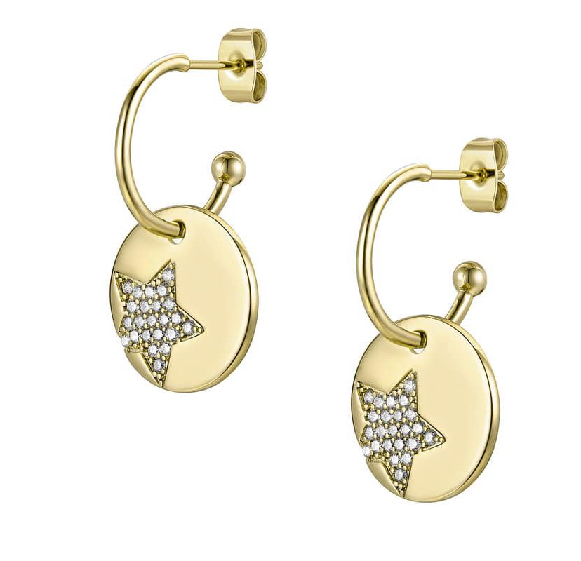 Lab Created 14K Gold Plated with Clear Cubic Zirconia Star Medallion in Round Charm C-Hoop Earrings