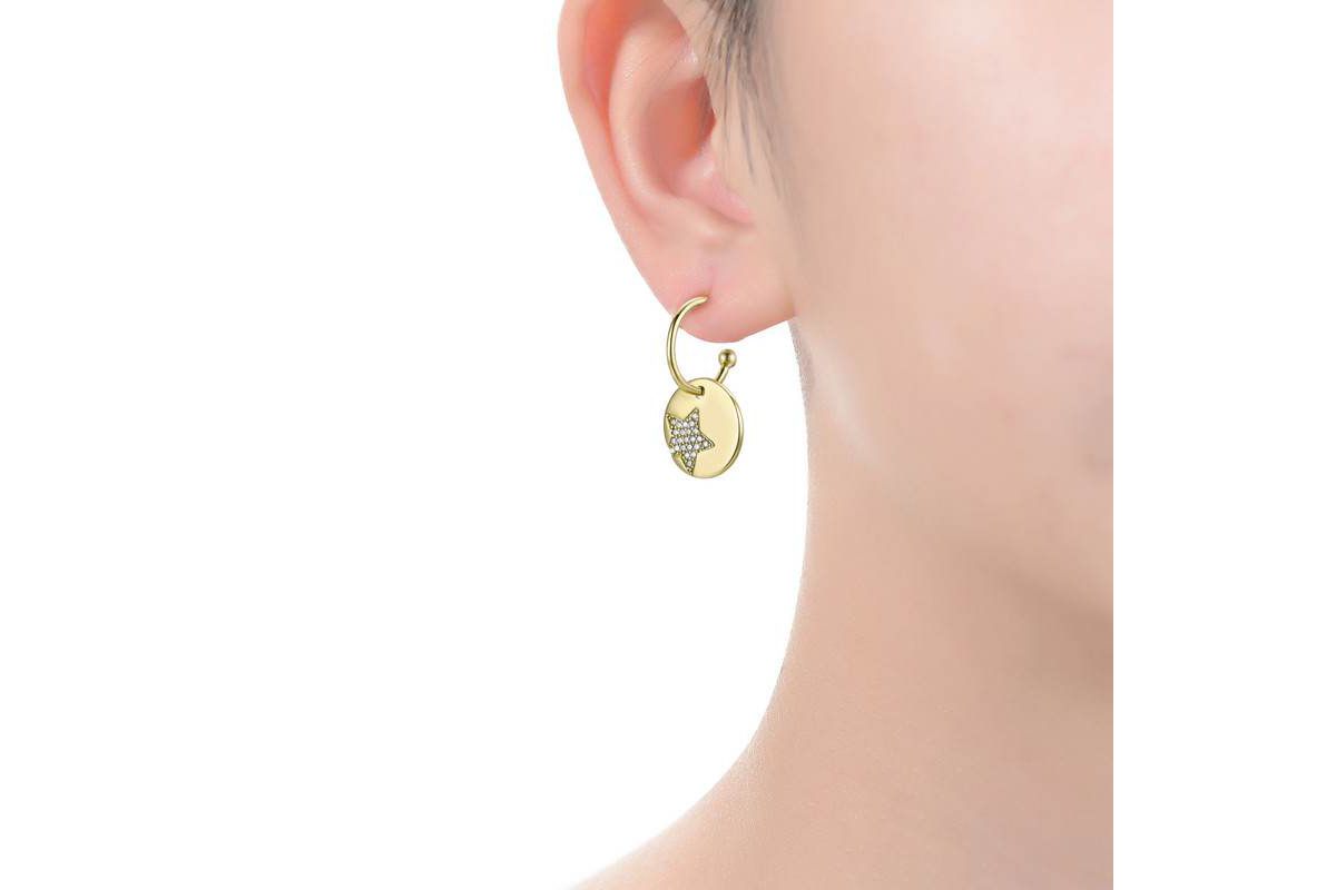 Lab Created 14K Gold Plated with Clear Cubic Zirconia Star Medallion in Round Charm C-Hoop Earrings