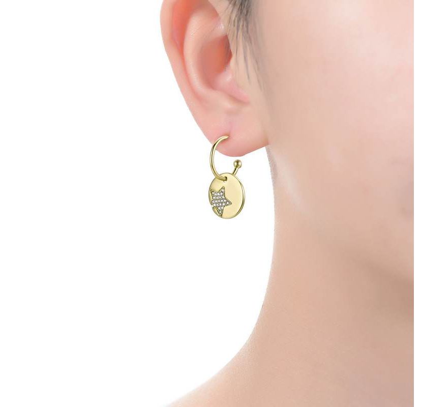Lab Created 14K Gold Plated with Clear Cubic Zirconia Star Medallion in Round Charm C-Hoop Earrings