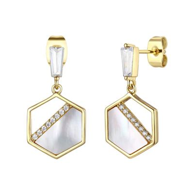Rozzato Lab Created Sterling Silver 14K Gold Plated with Mother of Pearl & Cubic Zirconia Hexagon Dangle Earrings