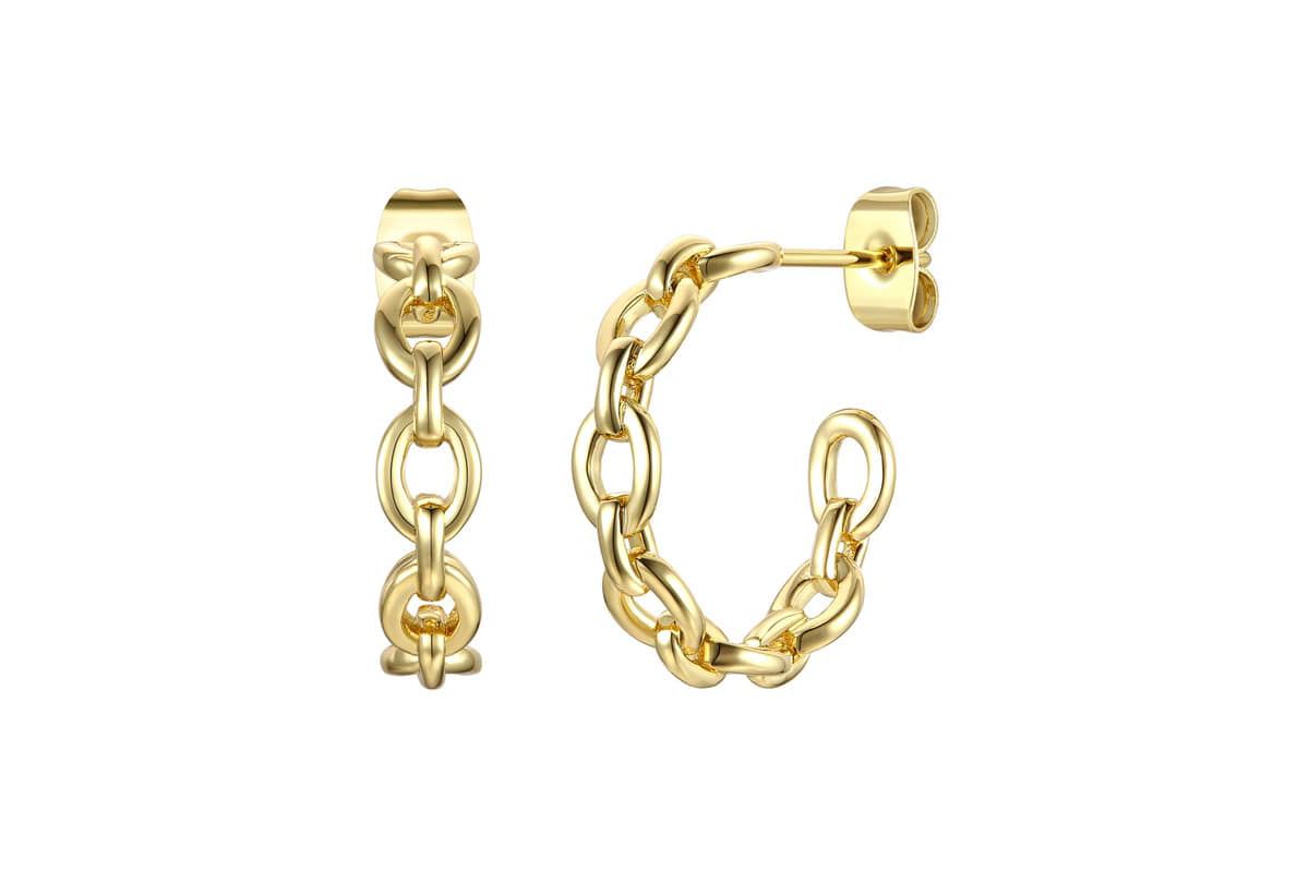 Lab Created Sterling Silver 14K Gold Plated Modern Chain Link C-Hoop Earrings