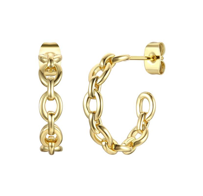 Lab Created Sterling Silver 14K Gold Plated Modern Chain Link C-Hoop Earrings