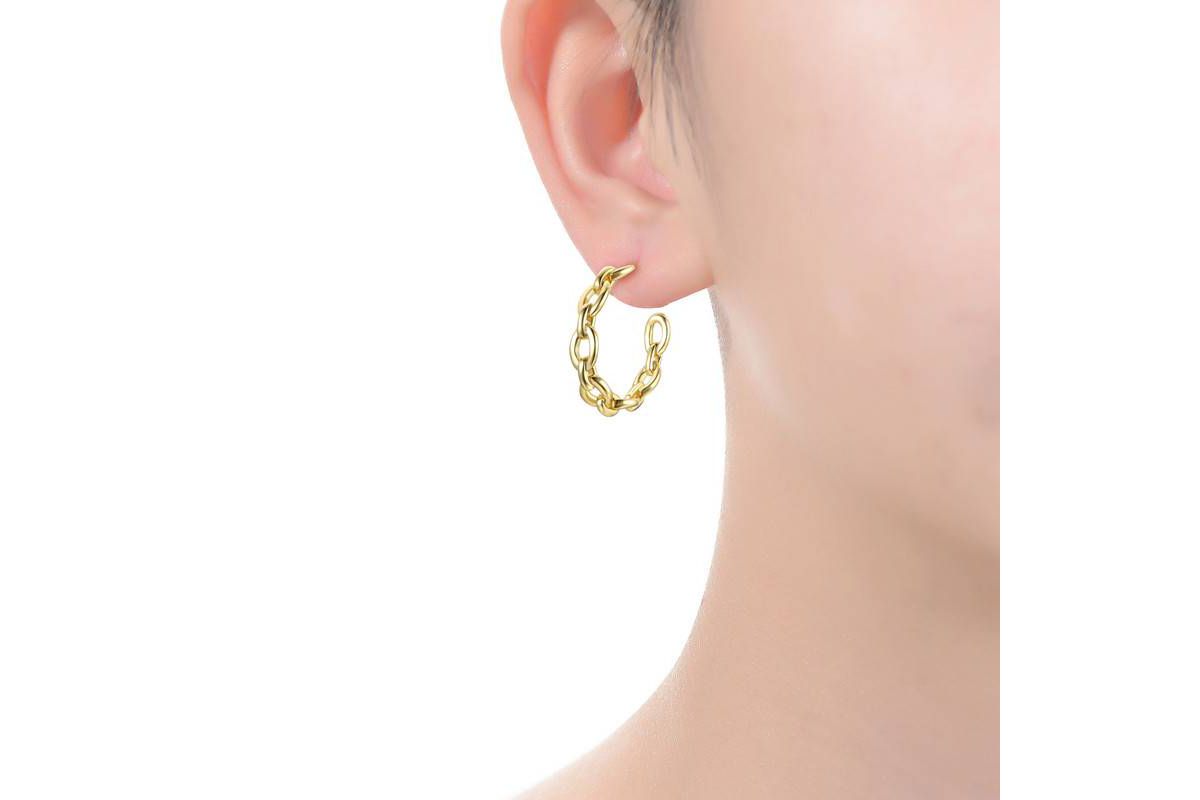 Lab Created Sterling Silver 14K Gold Plated Modern Chain Link C-Hoop Earrings