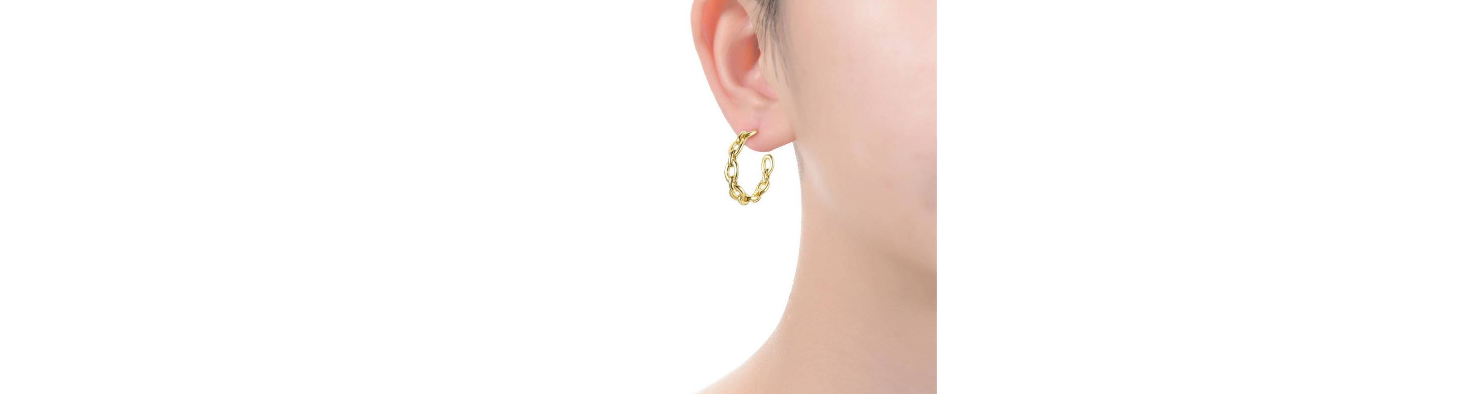 Lab Created Sterling Silver 14K Gold Plated Modern Chain Link C-Hoop Earrings