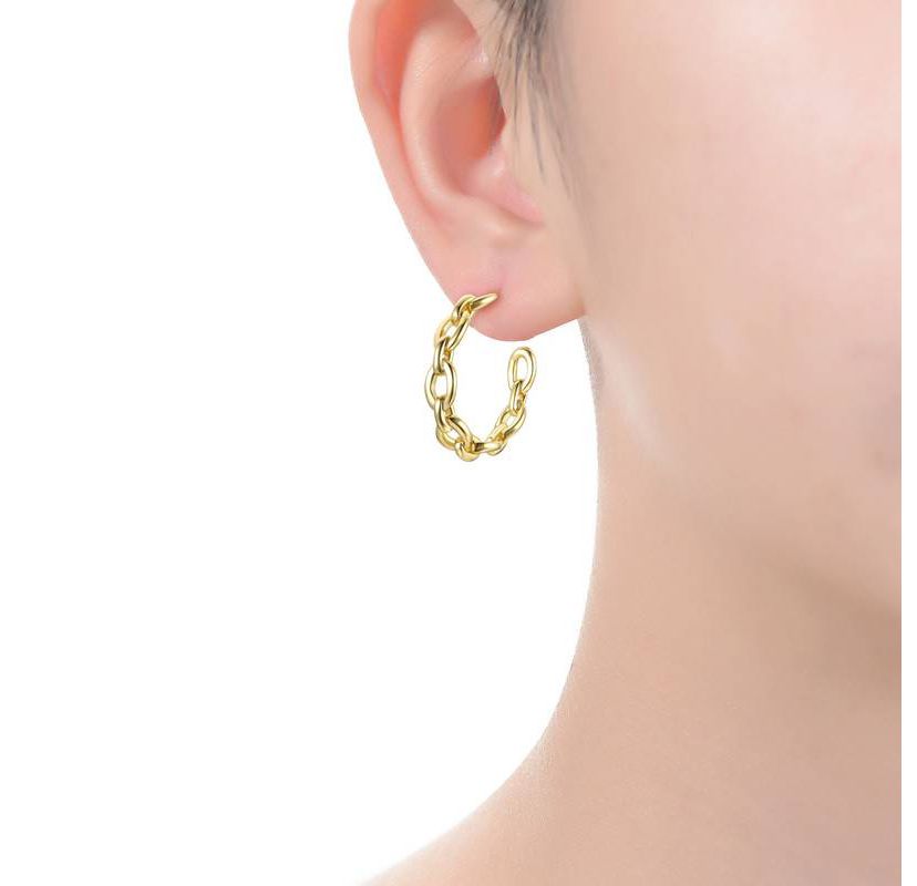Lab Created Sterling Silver 14K Gold Plated Modern Chain Link C-Hoop Earrings