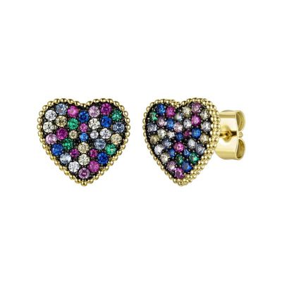 Rozzato Lab Created 14K Gold Plated with Multi-Colored Cubic Zirconia Pave Heart Stud Earrings