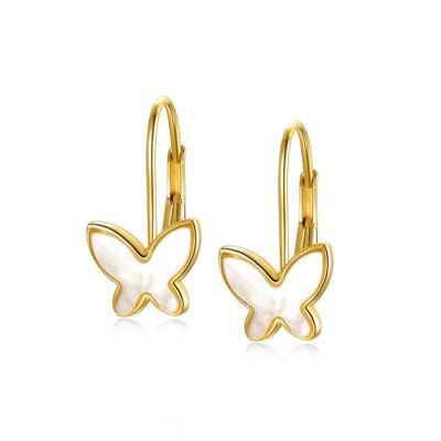 Rozzato 14K Gold Plated with Mother of Pearl Butterfly Inlay Dangle Drop Leverback Earrings for Kids