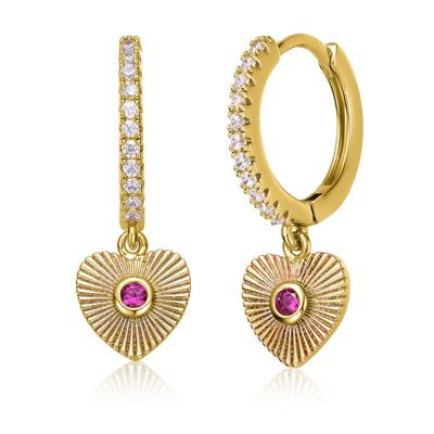 Rozzato Lab Created 14K Gold Plated with Clear Cubic Zirconia Sunray Heart Dangle Charm Hoop Earrings