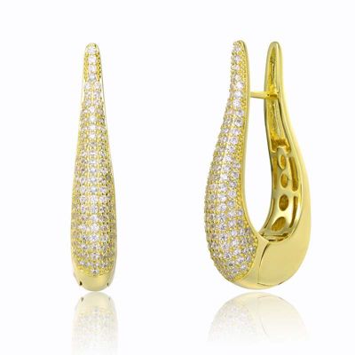 Rozzato Lab Created 14K Gold Plated with Clear Cubic Zirconia Oblong Oval Raindrop Hoop Earrings