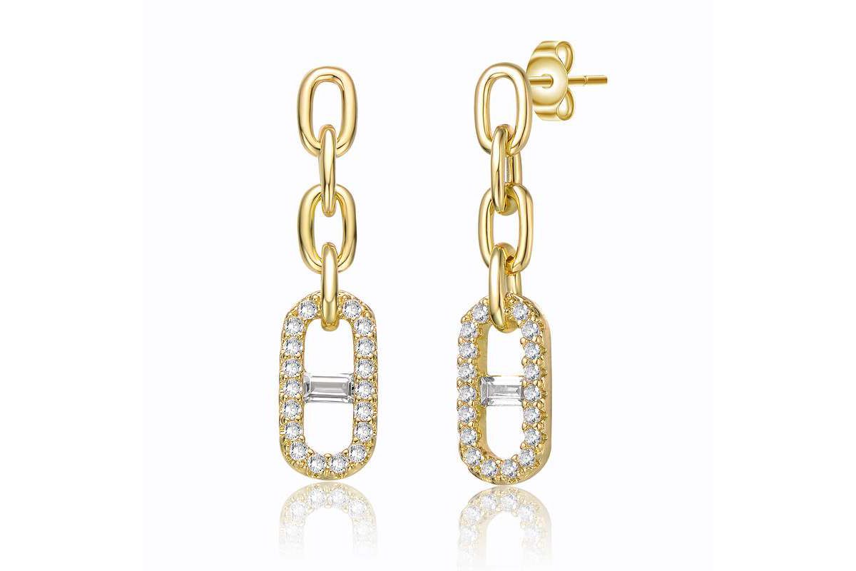 Lab Created 14K Gold Plated with Clear Cubic Zirconia Triple Chain Mariner Anchor Link Drop Earrings