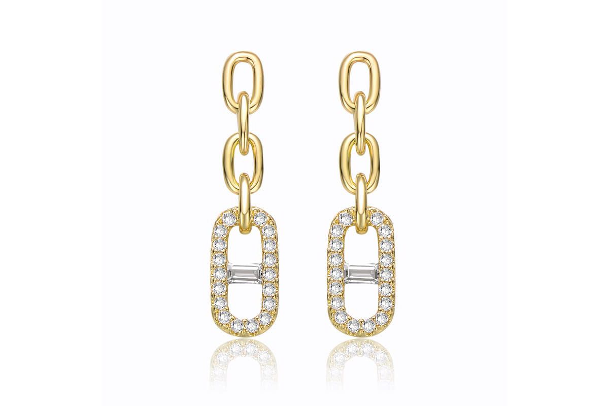 Lab Created 14K Gold Plated with Clear Cubic Zirconia Triple Chain Mariner Anchor Link Drop Earrings