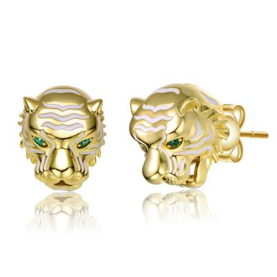 Rozzato Lab Created 14K Gold Plated with Emerald Green Cubic Zirconia & White Enamel Roaring Tiger Head 3D Stud Earrings