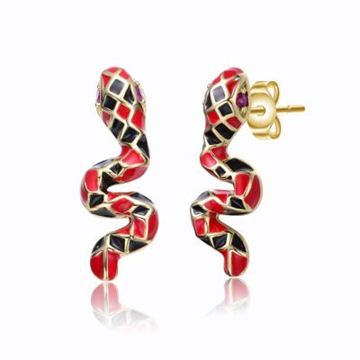Rozzato Lab Created 14K Gold Plated with Ruby Red Cubic Zirconia Black & Red Enamel 3D Slithering Curling Snake Earrings
