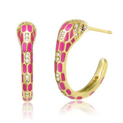 Rozzato Lab Created 14K Gold Plated with Clear Cubic Zirconia Pink Enamel Python Snake C-Hoop Earrings