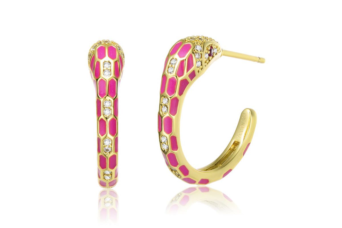 Lab Created 14K Gold Plated with Clear Cubic Zirconia Pink Enamel Python Snake C-Hoop Earrings