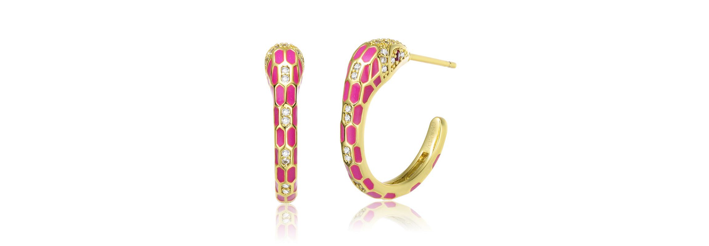 Lab Created 14K Gold Plated with Clear Cubic Zirconia Pink Enamel Python Snake C-Hoop Earrings