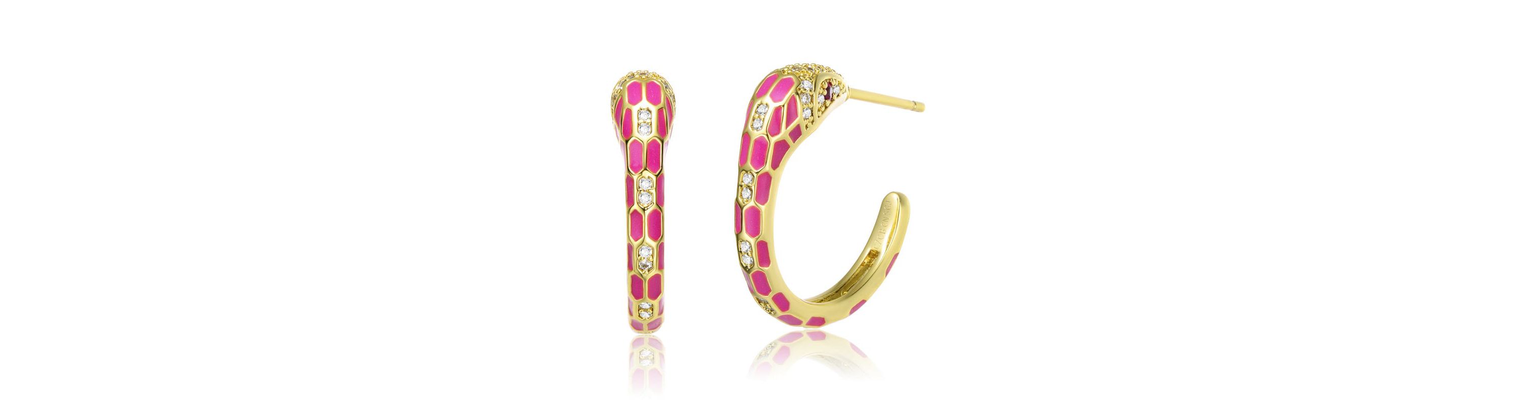Lab Created 14K Gold Plated with Clear Cubic Zirconia Pink Enamel Python Snake C-Hoop Earrings