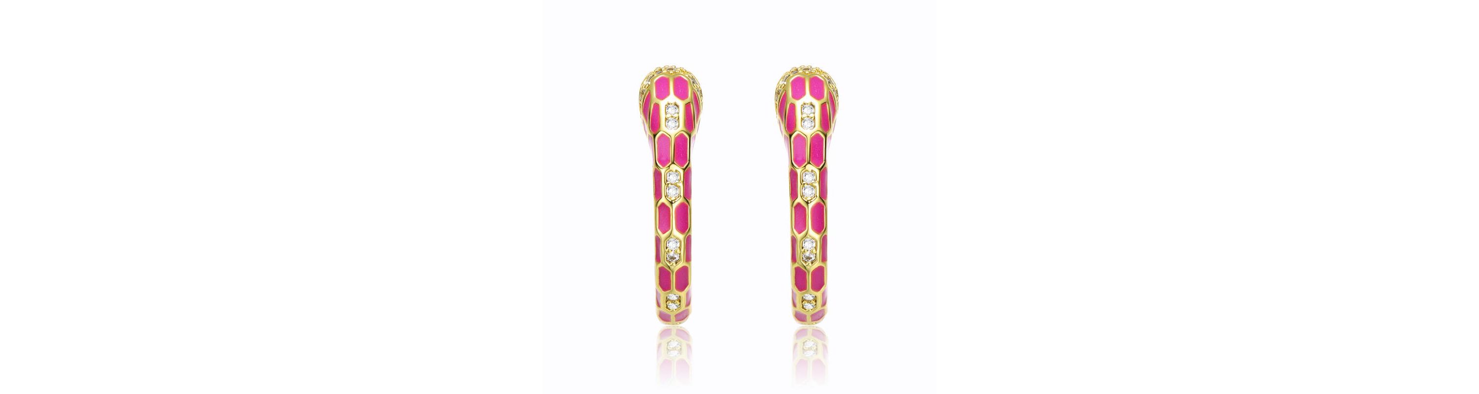 Lab Created 14K Gold Plated with Clear Cubic Zirconia Pink Enamel Python Snake C-Hoop Earrings