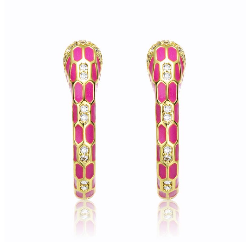 Lab Created 14K Gold Plated with Clear Cubic Zirconia Pink Enamel Python Snake C-Hoop Earrings