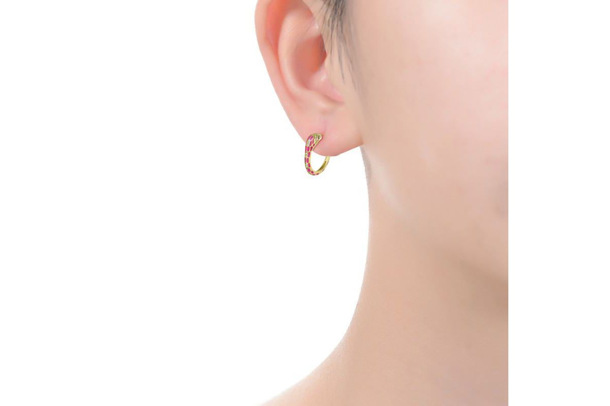 Lab Created 14K Gold Plated with Clear Cubic Zirconia Pink Enamel Python Snake C-Hoop Earrings