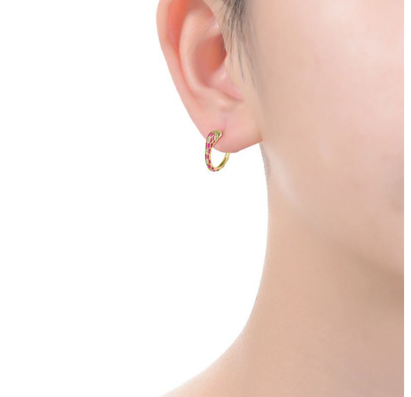 Lab Created 14K Gold Plated with Clear Cubic Zirconia Pink Enamel Python Snake C-Hoop Earrings