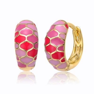 Rozzato Lab Created 14K Gold Plated with Pink Enamel Sunset Stained Glass Snake Scale Hoop Earrings For Teens