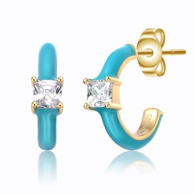 Rozzato Lab Created 14K Gold Plated with Clear Cubic Zirconia Blue Turquoise Enamel C-Hoop Earrings for Kids