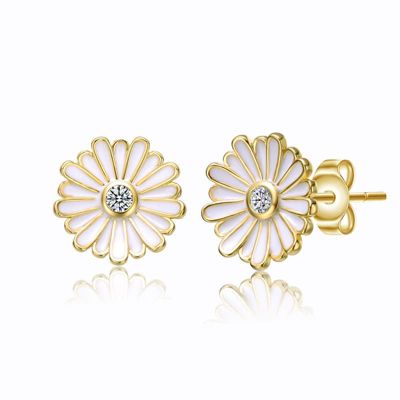 Rozzato Lab Created 14K Gold Plated with Clear Cubic Zirconia & White Enamel Blooming Daisy Flower Stud Earrings for Teens