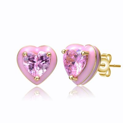 Rozzato Lab Created 14k Yellow Gold Plated with Pink Cubic Zirconia Pink Enamel Halo Heart Stud Earrings