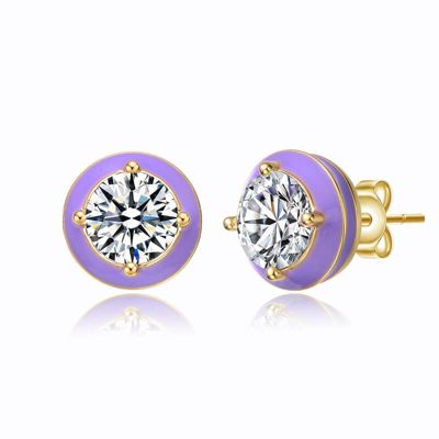 Rozzato Lab Created 14K Gold Plated with Clear Cubic Zirconia & Purple Enamel Round Stud Earrings for Teens