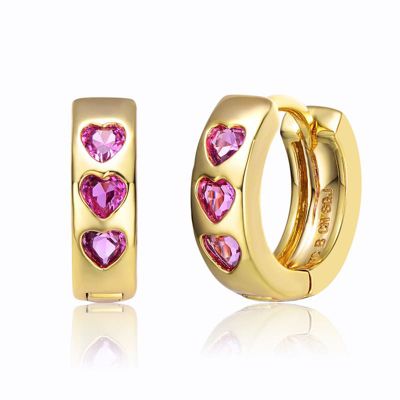 Rozzato Lab Created 14K Gold Plated with Heart Pink Cubic Zirconia Triple Stone Round Hoop Earrings for Kids/Teens