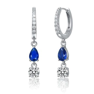 Rozzato Lab Created White Gold Plated with Sapphire Blue & Clear Cubic Zirconia Two-Stone Dangle Huggie Earrings