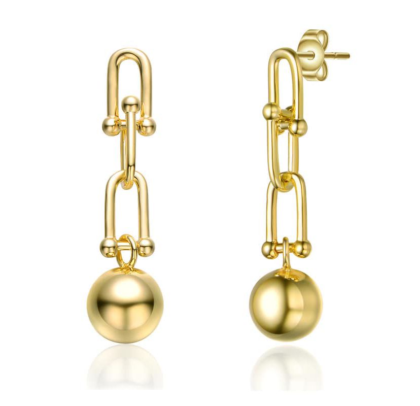 Lab Created 14k Yellow Gold Plated U-Shaped Link Chain Drop Earrings with Golden Ball