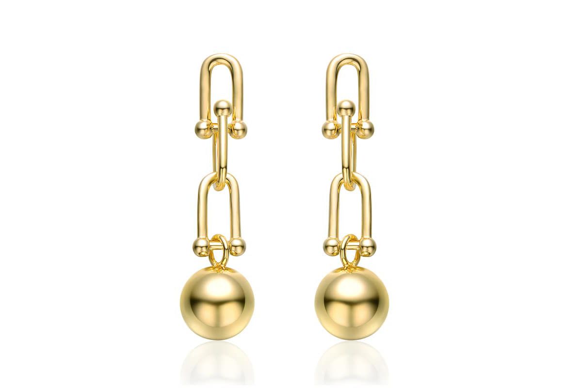 Lab Created 14k Yellow Gold Plated U-Shaped Link Chain Drop Earrings with Golden Ball