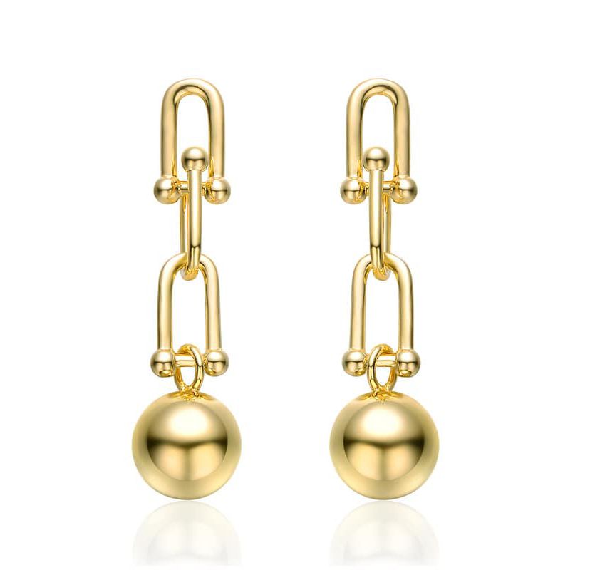 Lab Created 14k Yellow Gold Plated U-Shaped Link Chain Drop Earrings with Golden Ball