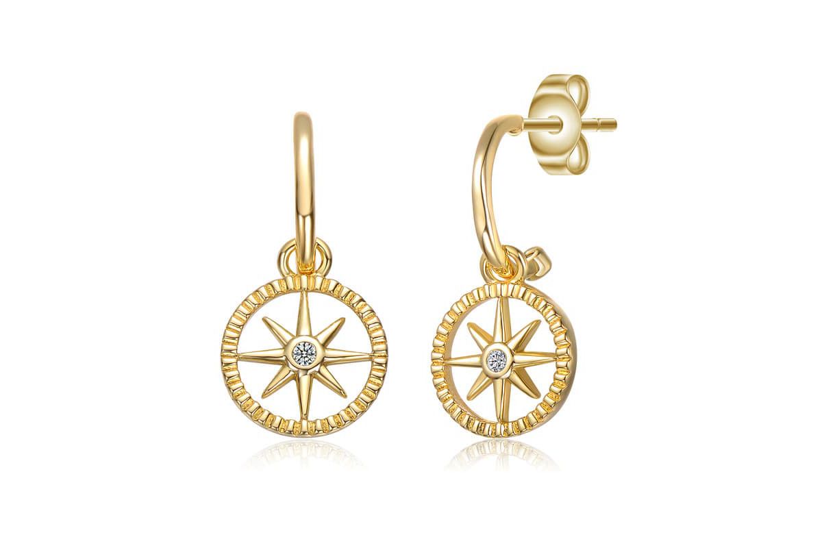 Lab Created 14K Gold Plated with Clear Cubic Zirconia Guiding Star Compass Dangle Earrings
