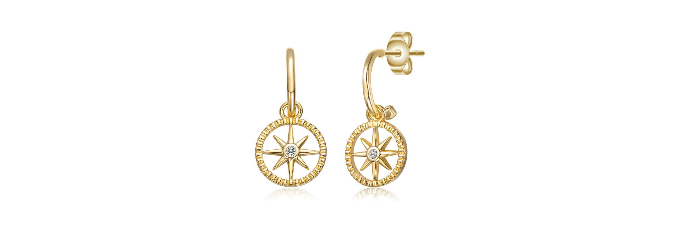 Lab Created 14K Gold Plated with Clear Cubic Zirconia Guiding Star Compass Dangle Earrings