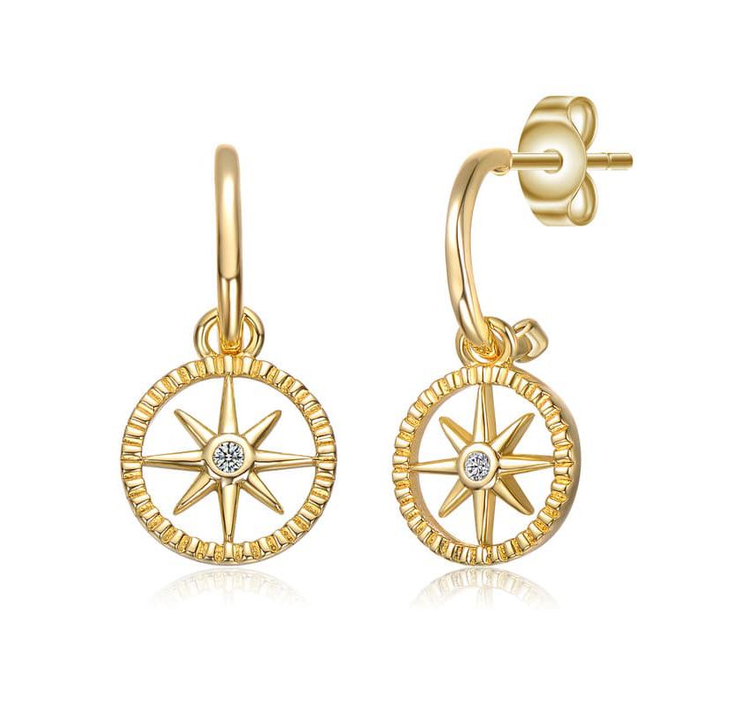 Lab Created 14K Gold Plated with Clear Cubic Zirconia Guiding Star Compass Dangle Earrings