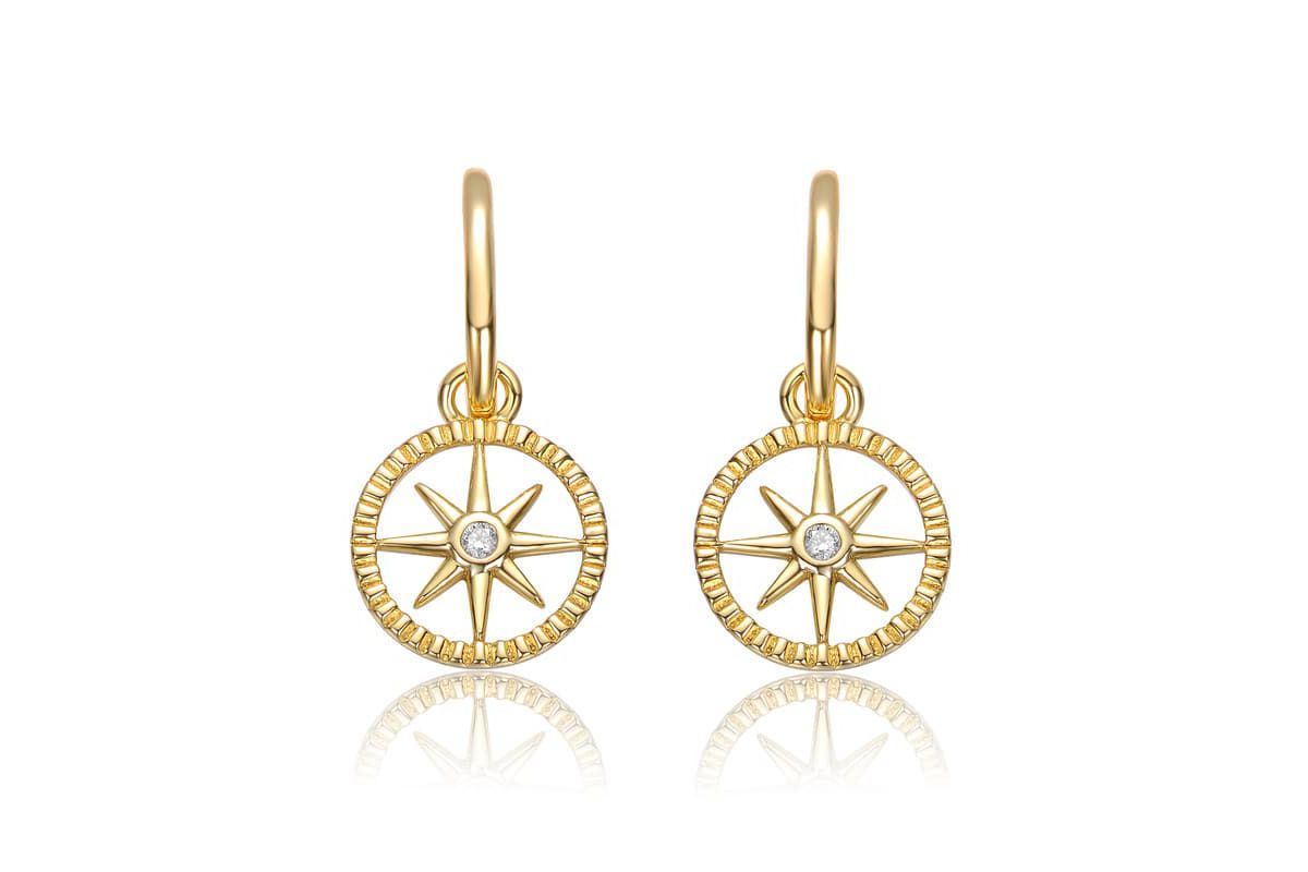Lab Created 14K Gold Plated with Clear Cubic Zirconia Guiding Star Compass Dangle Earrings