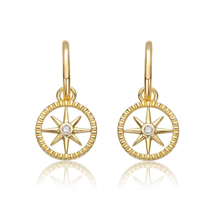Lab Created 14K Gold Plated with Clear Cubic Zirconia Guiding Star Compass Dangle Earrings