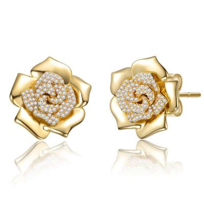 Rozzato Lab Created 14K Gold Plated Flower Earrings with Cubic Zirconia Accents