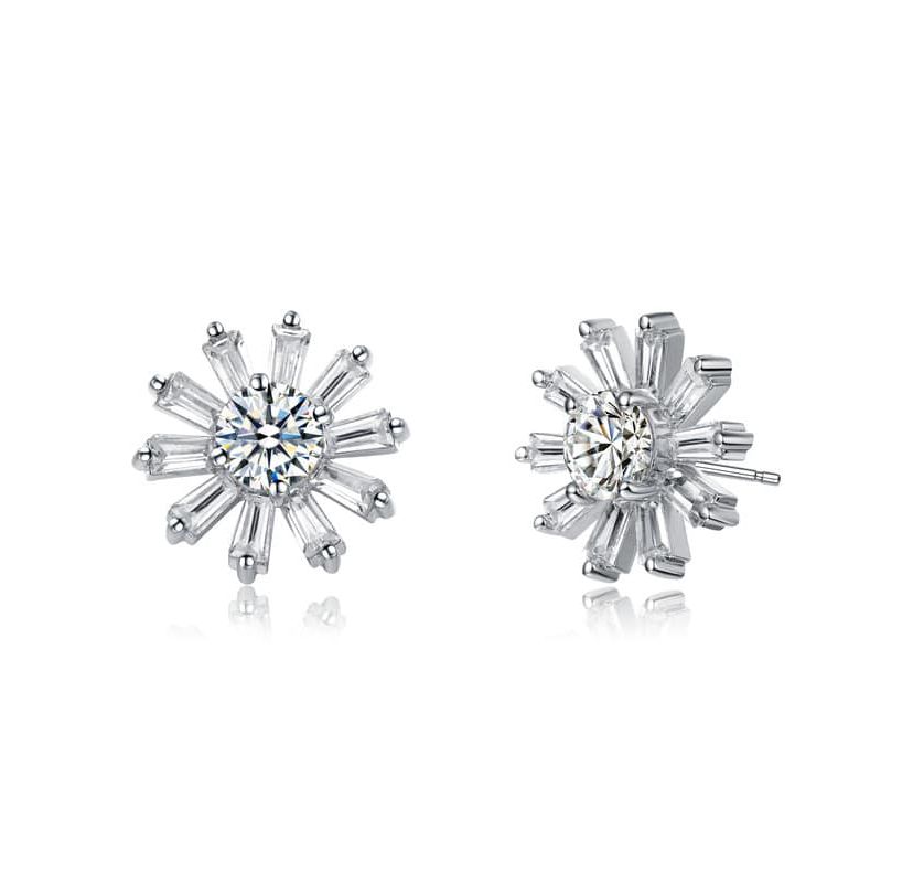 Lab Created White Gold Plated with Clear Cubic Zirconia Floral stud Earrings