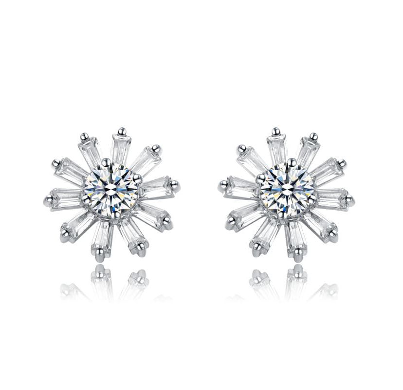 Lab Created White Gold Plated with Clear Cubic Zirconia Floral stud Earrings